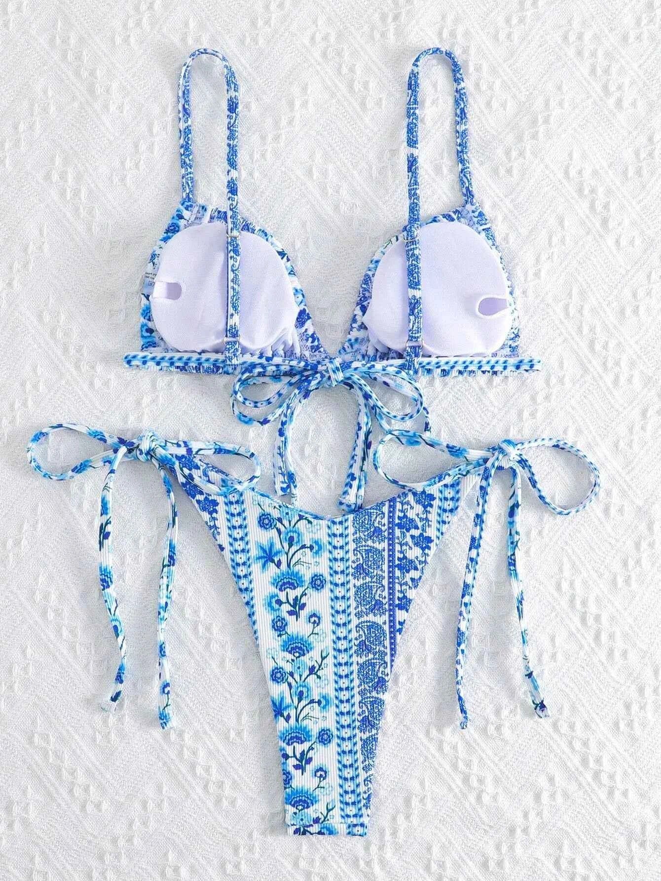 BIQIUYYI New Floral Print String Bandage Bikinis Triangle Cup Push Up Swimsuit Women Bathing Suit Beachwear Halter Swimwear XS
