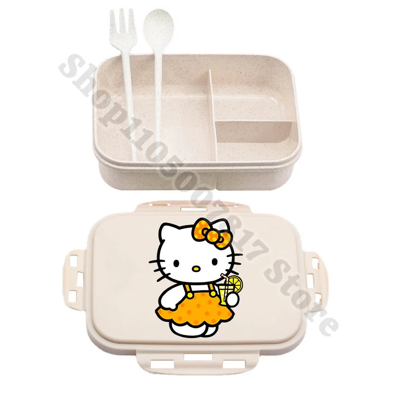 Kids Portable Plastic Lunch Box Hello Kitty Cartoon Cute Lunchbox with Spoon Fork Children Anime Food Fruit Containers Xmas Gift