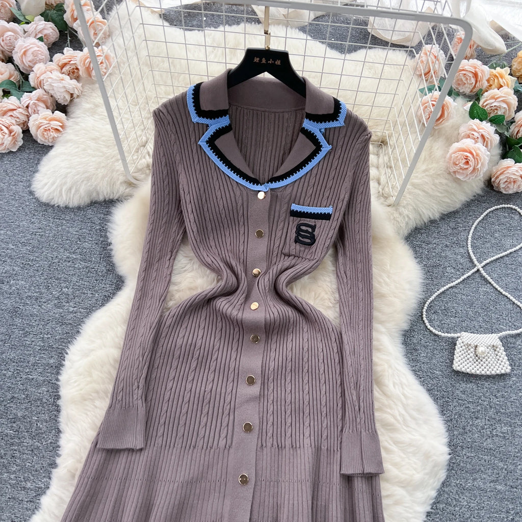 SINGREINY Autumn Winter Wear Dress Women Polo Single Breasted Pocket Design Bodycon Knitting Temperament Sweater Long Dresses