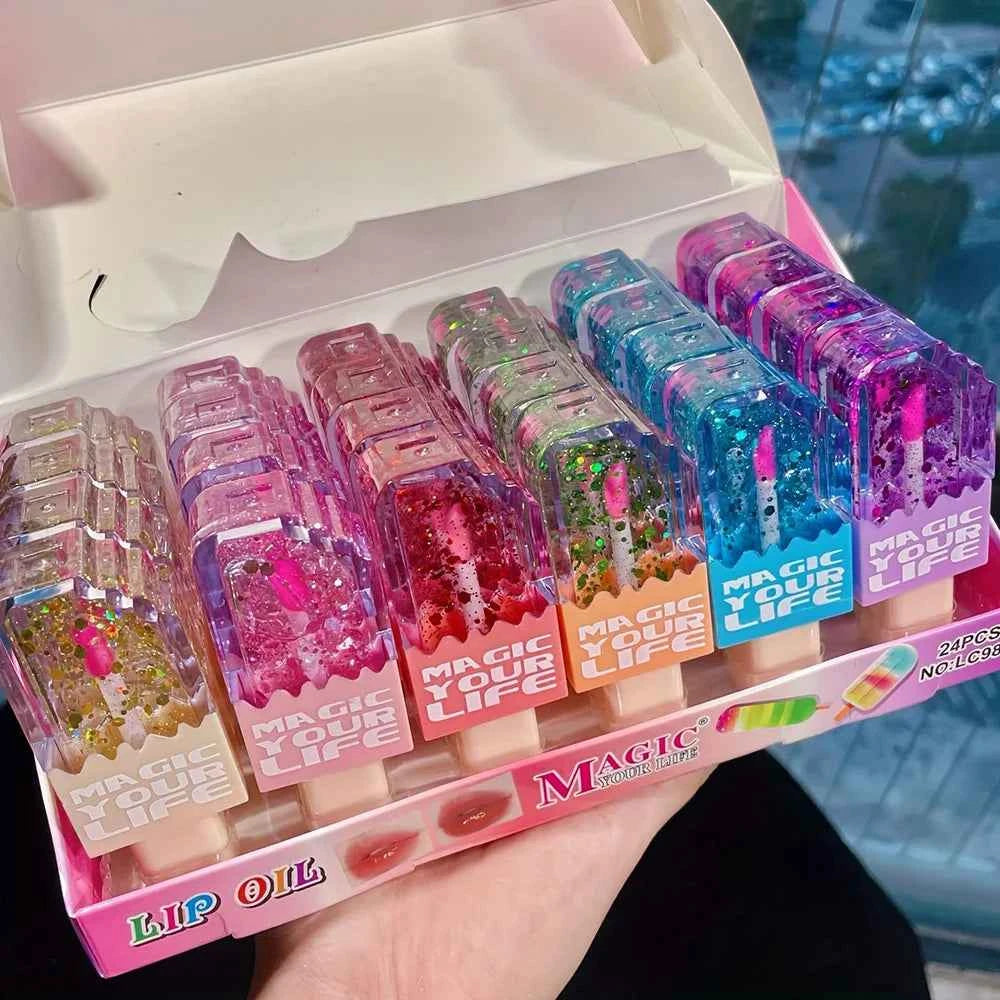 24pcs Cute Ice Cream Sequin Lip Gloss Colorchanged Lip Gloss Girls Kawaii Natural Moisturizing Lips Makeup Party Gifts