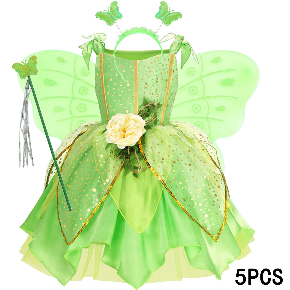 Summer Girls Tinkerbell Fairy Dresses Up for Girls Costume Kids Cosplay Flower Fairy Princess Clothes Christmas Party Outfit