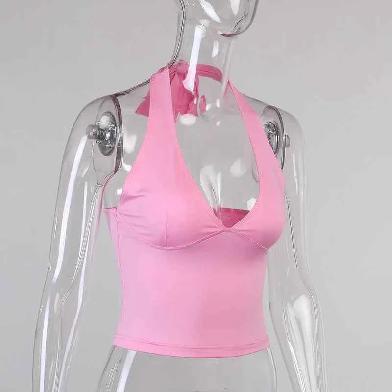Summer Halter Camisole Tank Top Women V-Neck Sexy Tanks Camis Skinny Backless Pink Corset Tee Shirt Femme Tops WomanT-shirt