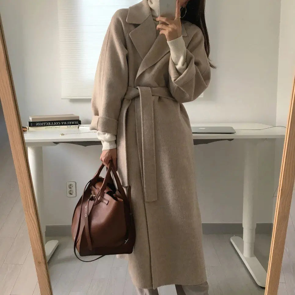 Chic Thick Warm Lapel Lace-up Pockets Loose Woolen Coat 2025 Autumn Winter New Korean Female Long Oversize Casual Women Clothes