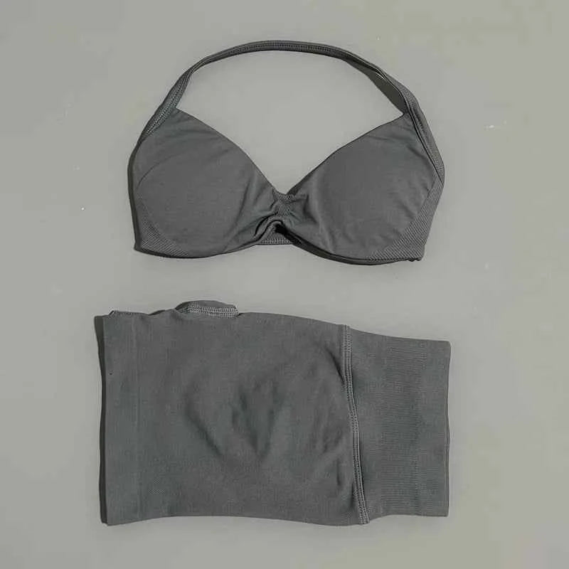 HISTELLO Gym Set 2 Piece Women Strappy Yoga Bra Top Workout Scrunch Shorts Sports Suit Fitness Clothes Seamless Yoga Set