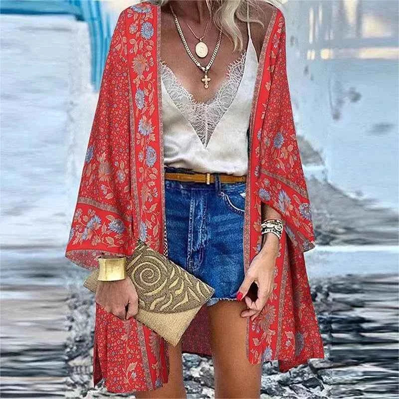 New Summer Bohemian Beach Printed Cardigan Jacket Long Sleeve Leisure Holiday Beach Swimsuit Blouse Shawl Long Coat M-5XL