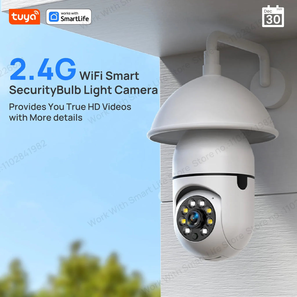 Tuya Smart E27 Security Camera 2.4G 3MP HD for Home,Baby/Elder/Pet Camera 100-240V W/Phone App,Color Night Vision 2-Way Audio