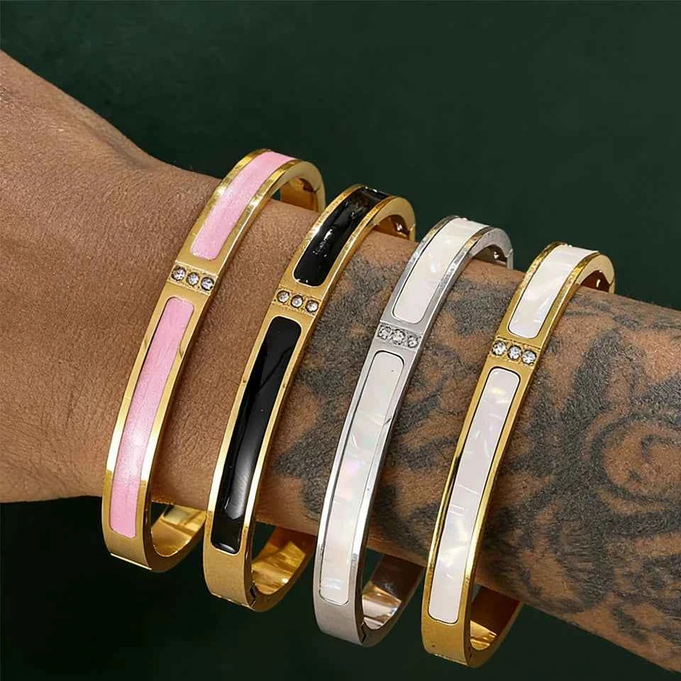 Yupsk New Pink Black Enamel Stainless Steel Bracelet for Women No Fade Color Bangle Trendy Jewelry Accessories Gift