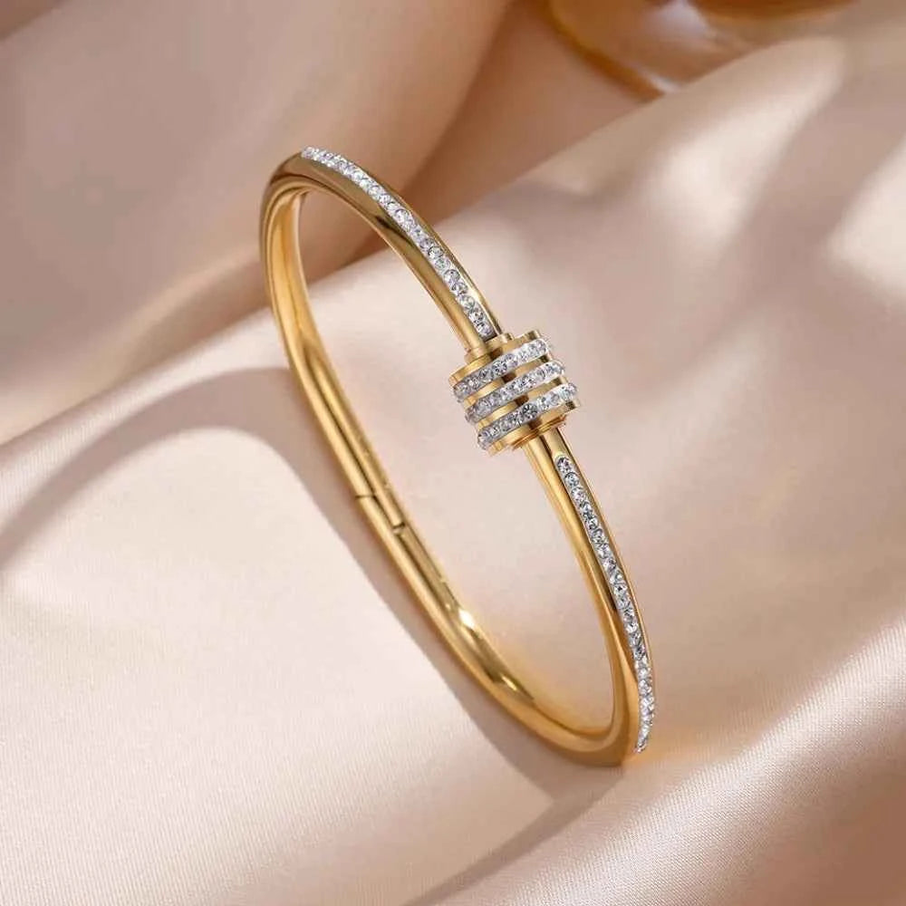 Yupsk Titanium Steel Couple's Bracelet Shiny Zircon Inlaid Stainless Steel Bangles Gold/Silver Color Female Jewelry Gift