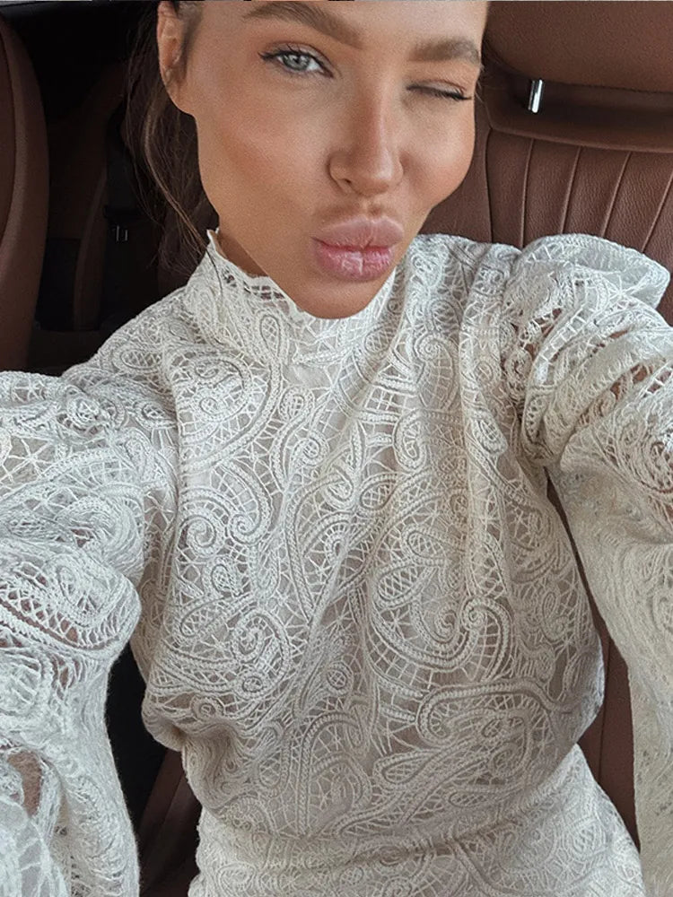 White Lace Dresses Elegant Solid Flared Sleeve High Neck Slim Pleat Mini Women Dress 2026 New Fashion Club Evening  Party Robes