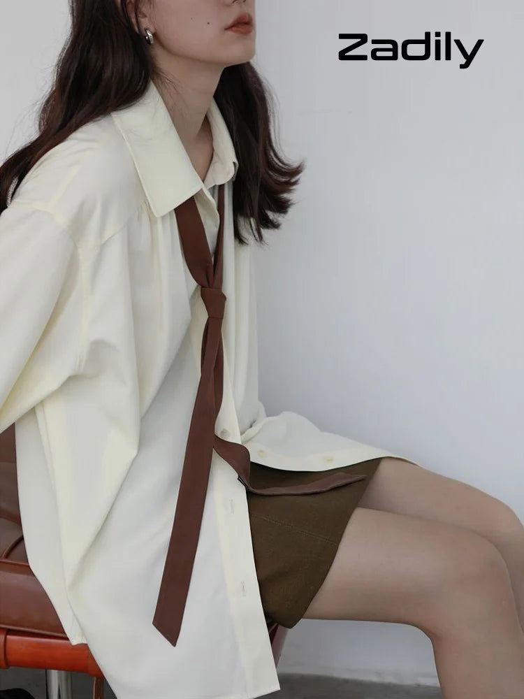 2026 Summer Women's Oversized Long Sleeve Blouse 2026 Summer New Arrival Tie Neck Shirt Loose Fit Office Elegant Fashion