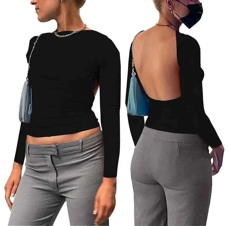 Backless Short Sleeve Blue Y2K Crop Top Women Casual O Neck  Summer T Shirts Sexy Vintage Cut Out