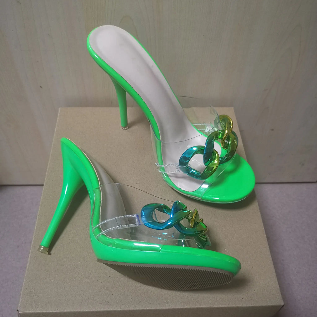 2022 New Diamond Chain Women Pumps Slippers Thin High Heels Party Shoes Fashion Solid Color Summer Dress Sandals Shallow Mouth