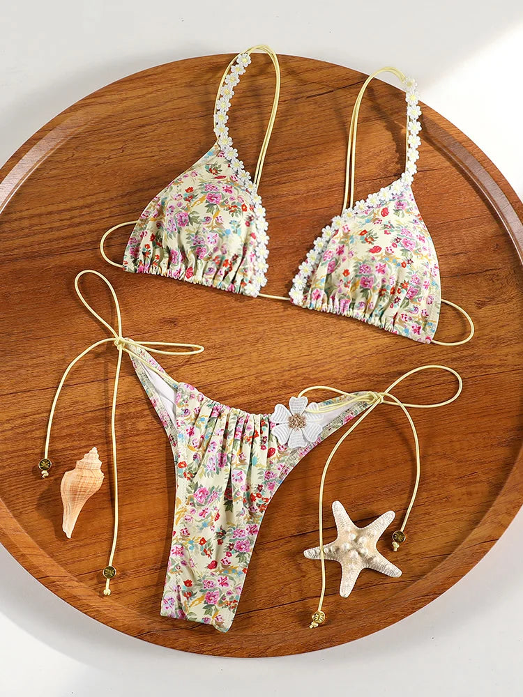 ZRTAK Triangle Bikini Set Sexy Swimwear Women 2026 Bikinis Floral Print Swimsuit Micro Thong Bandage Bathing Suits