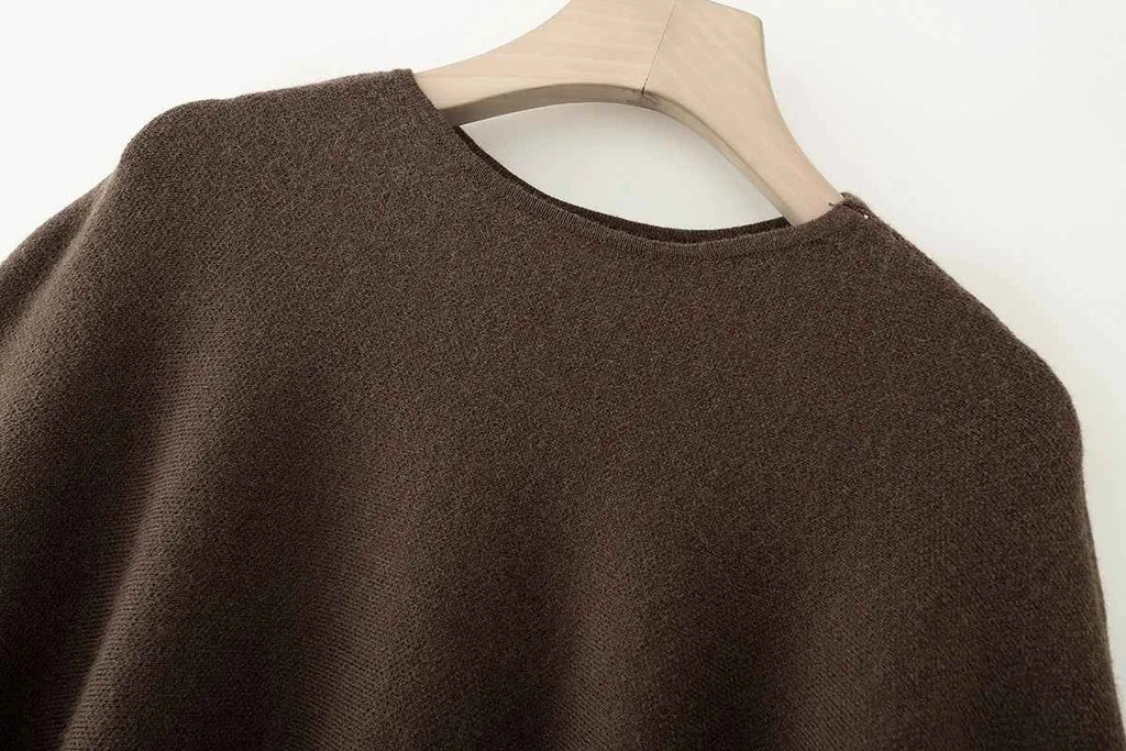 ETJ 2025 women's new fashion oversized loose version of the round neck cape sweater solid color bat sleeve sweater