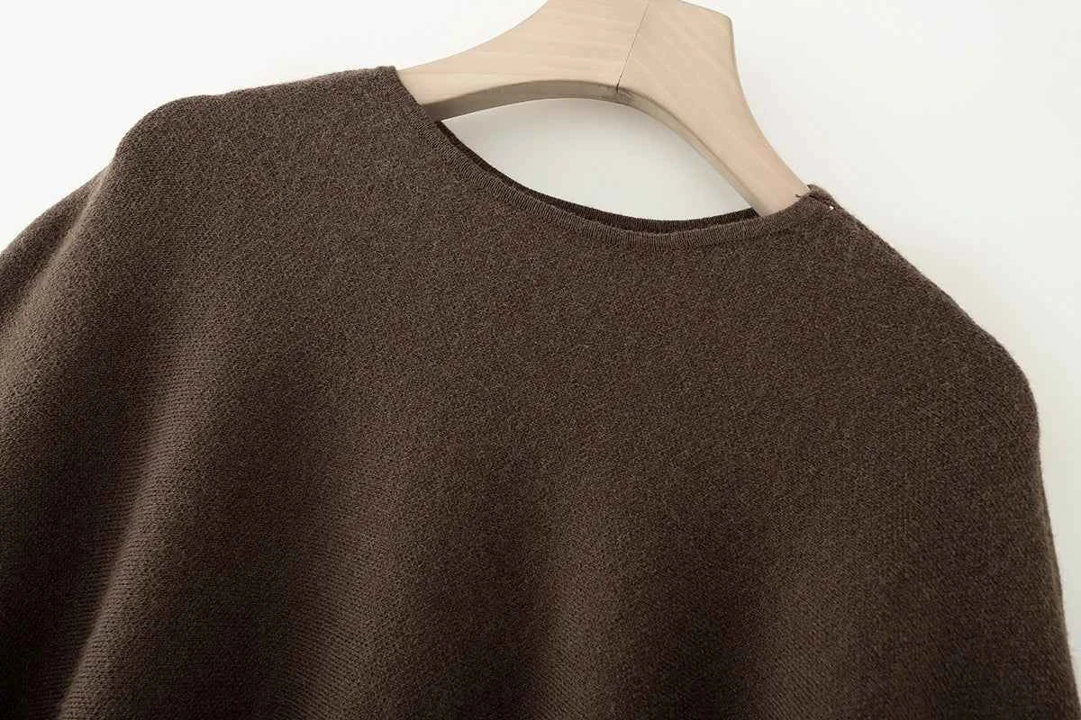 ETJ 2025 women's new fashion oversized loose version of the round neck cape sweater solid color bat sleeve sweater
