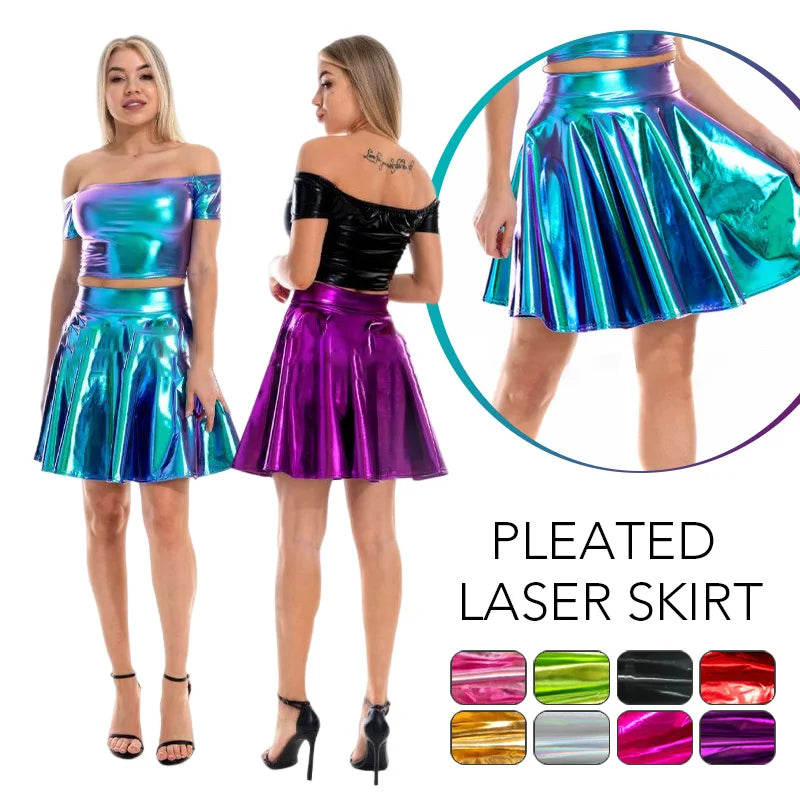 Women Summer Sexy Laser Skirts Mini PU Leather Club Party Dance Shiny Holographic Skirts Harajuku JK Metallic Pleated Skirts