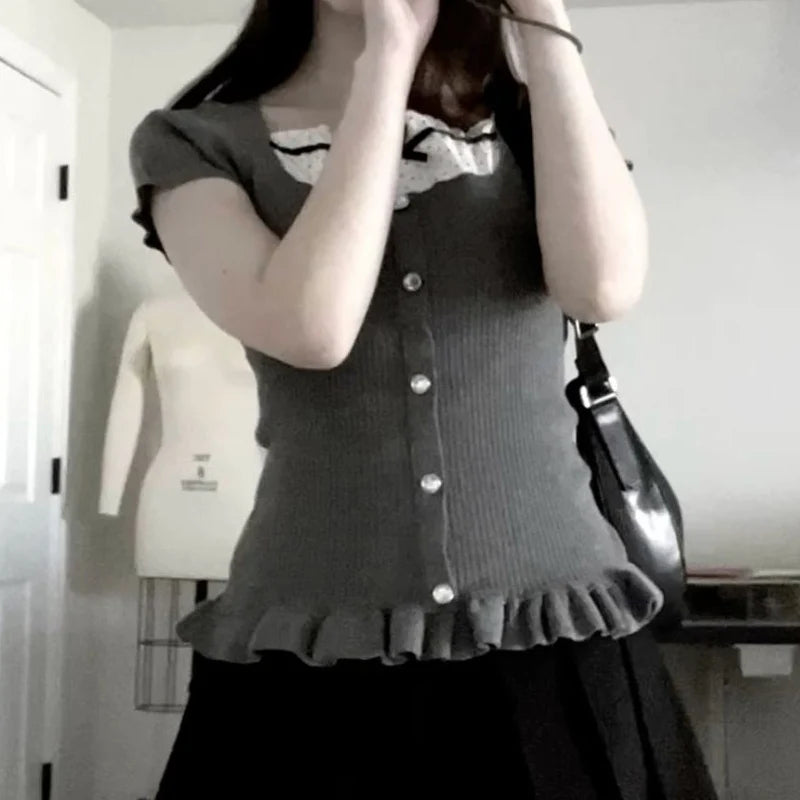 Preppy Kawaii Knitted Crop Tops Puff Sleeve Ruffles Hem Tees Fairy Vintage Y2K Milkmaid Tops Cottage Retro Women T-shirts Korean