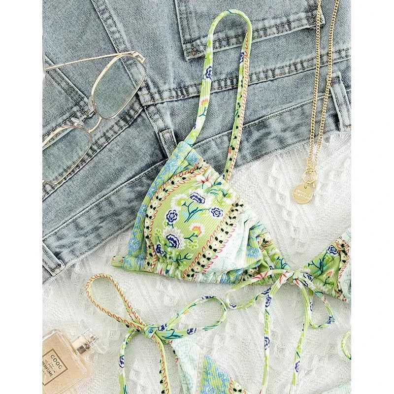 BIQIUYYI New Floral Print String Bandage Bikinis Triangle Cup Push Up Swimsuit Women Bathing Suit Beachwear Halter Swimwear XS