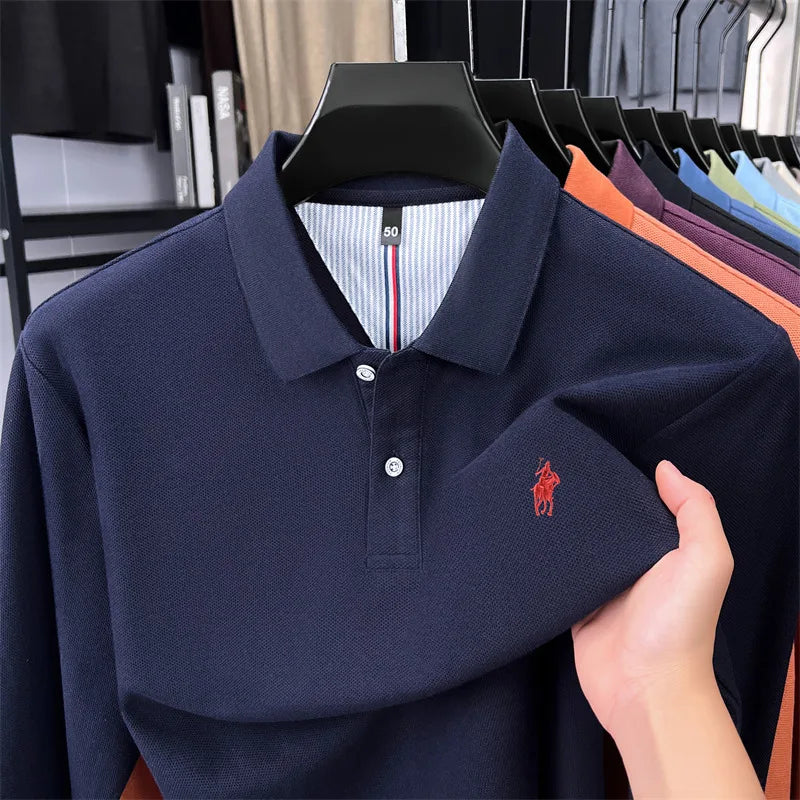 100% cotton high-end brand long sleeve polo shirt new Paul pony embroidery luxury comfort men's business leisure lapel T-shirt