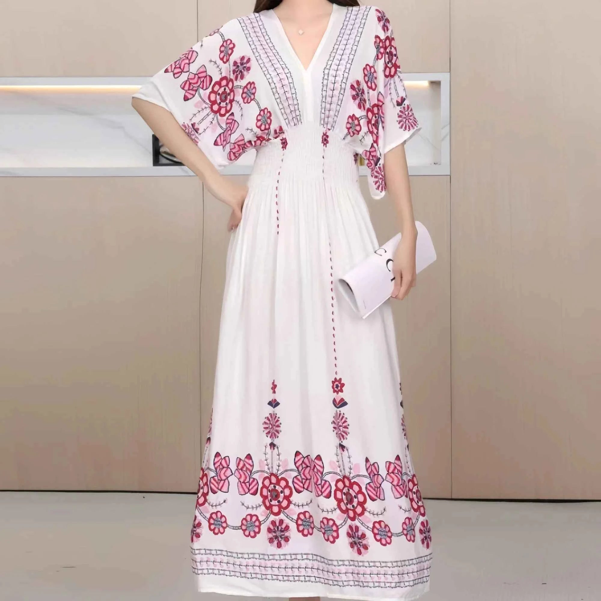 Colorful Flower V-neck Elastic Youthful Bohemian Sweet Midi Dress Woman Clothes Chic Fashion Summer Dresses 2025 Large Swing Ski