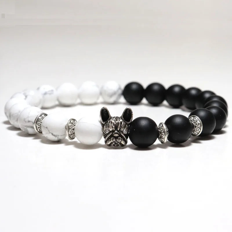 New French Bulldog Bracelet For Men 8mm Natural Lava Tiger Eyes Stone Braclet Beaded Vintage Braslet Homme Camping Accessories