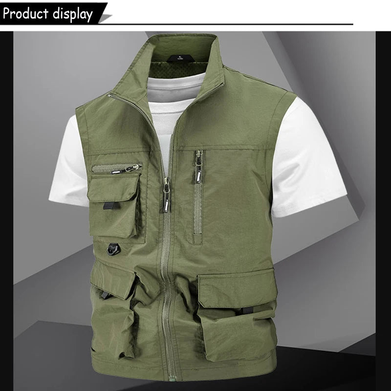 2024 Summer Men Sleeveless Fishing Tool Webbed Breathable Vest Men Many Pocket Outdoors Camping Thin Lightweight Loose Vest Male
