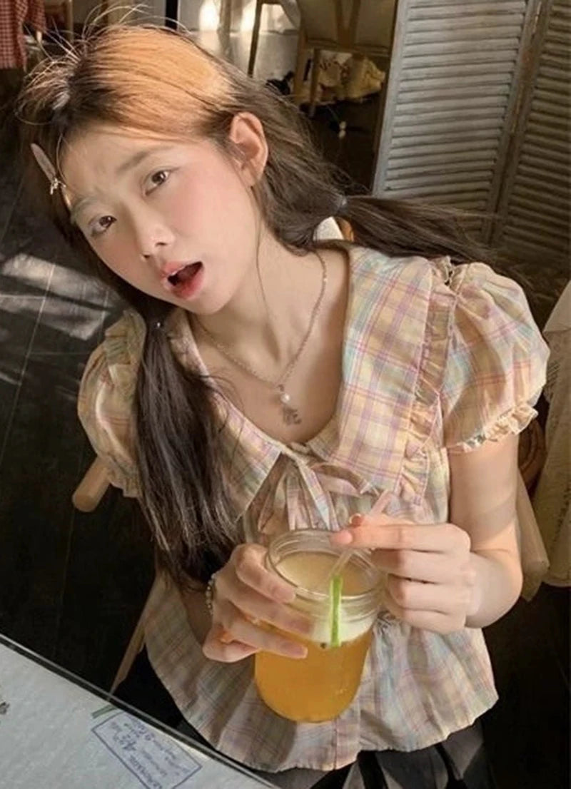 Preppy Style Sweet Plaid Shirt Women Summer Cute Peter Pan Collar Cropped Blouse Kawaii Casual Lace Up Lady Tops New