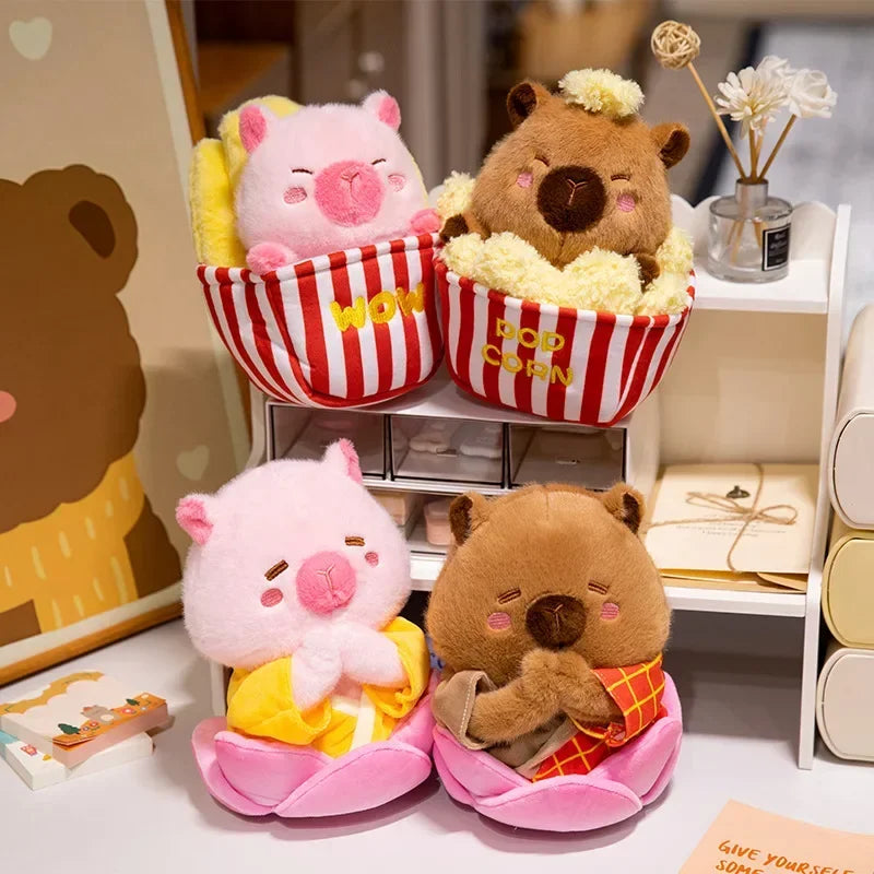 Adorable Plush Pig Bear Capybara Stuffed Animals Set Popcorn Lotus Containers Soft Home Nursery Decor Gift Kids Baby