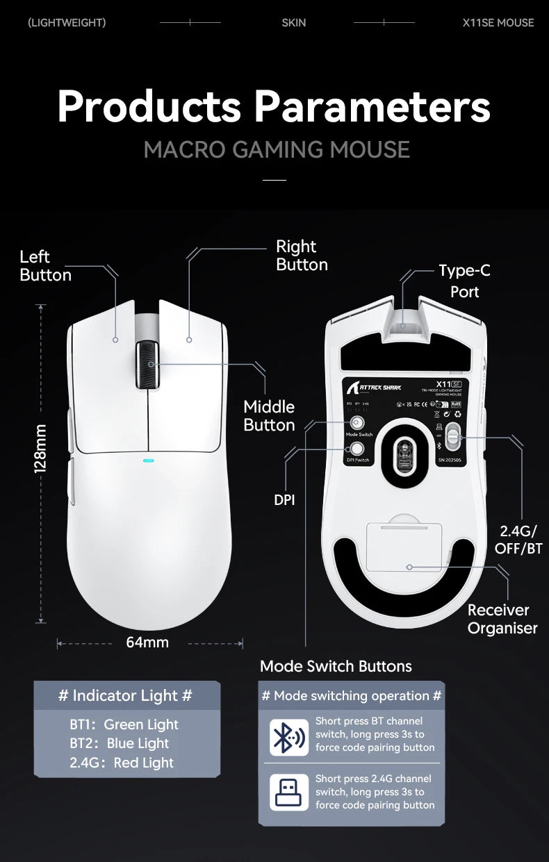Attack Shark X11 & X11se Wireless Gaming Mouse,Bluetooth Tri-Mode Connection, PixArt PAW3311,Touch Magnetic Charging Base