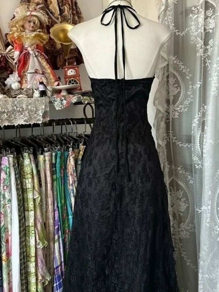 Summer Fairy Lace Patchwork Halter Tank Dress Women Streetwear Irregular Ruffled Dresses Grunge Y2kAesthetic Flower Vestidos