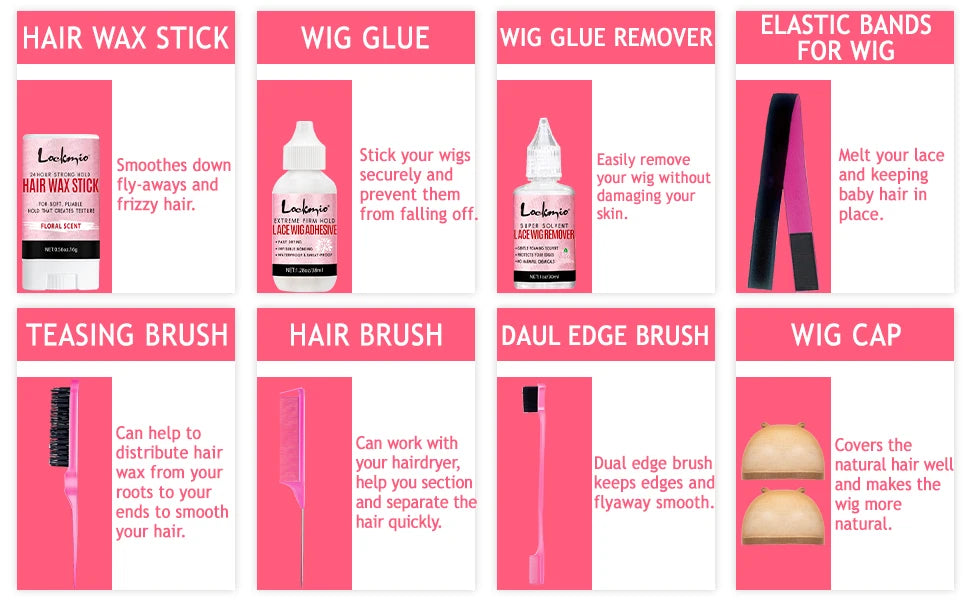 Professional Lace Wig Install Kit with Hot Comb Hair Straightener, Lace Tint Mousse, Strong Hold Wig Glue & Rosemary Oil, Complete Wig Styling Set