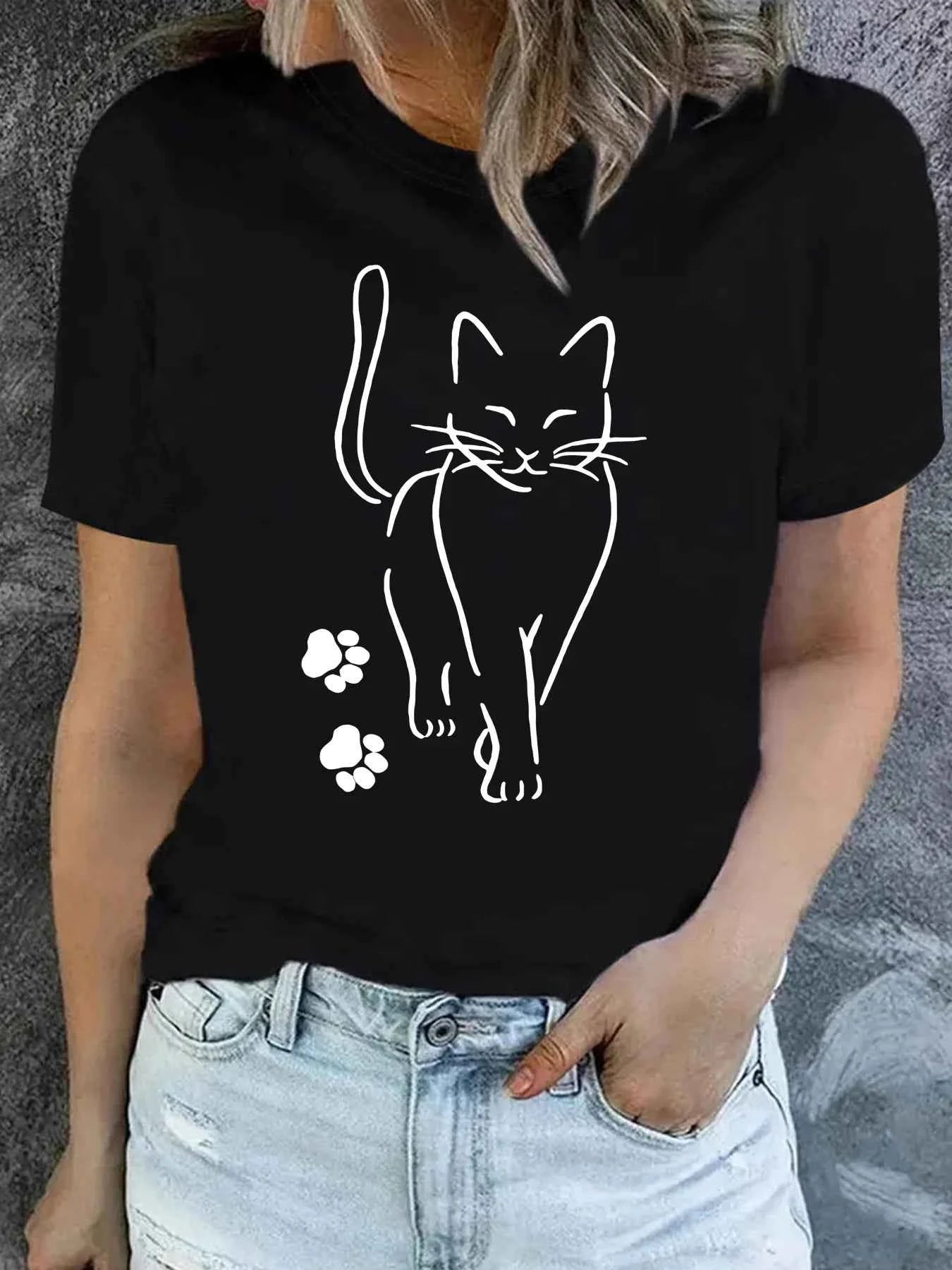 Cute Cat & Paw Print T-shirt Women's Harajuku Short Sleeve Casual Women's T-shirt Clothing Street Tops Tees Aesthetic Clothes