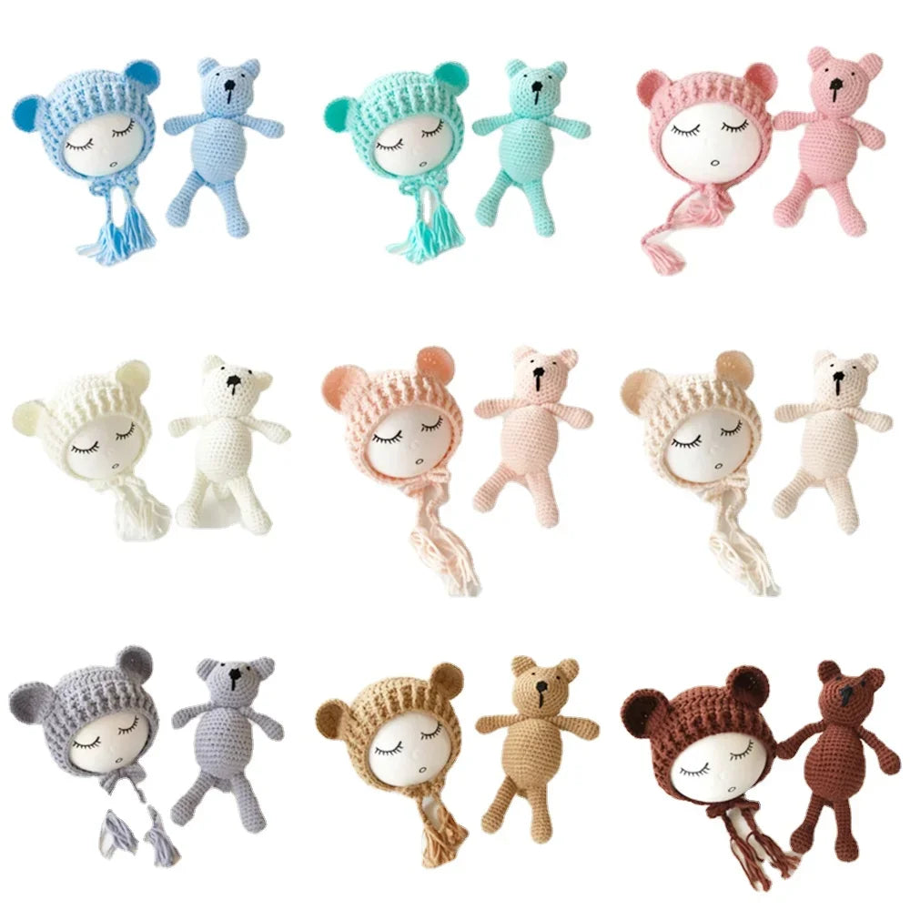 Newborn Photography Props Baby Bear Caps Rabbit Dolls Girls Boy Infant Baby Crochet Knitted Hat Photoshoot Accessories