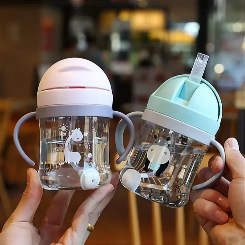 250ml Double Handle Baby Drinking Cup Feeding Bottle With Straw Gravity Ball Wide Caliber Drinking Milk Water Bottle With Handle