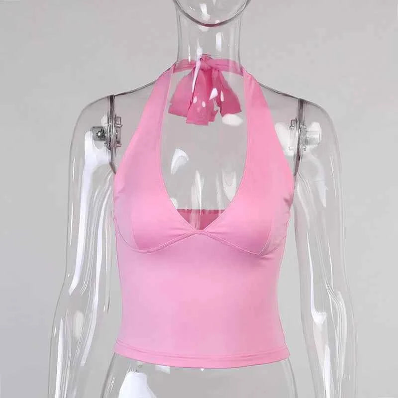 Summer Halter Camisole Tank Top Women V-Neck Sexy Tanks Camis Skinny Backless Pink Corset Tee Shirt Femme Tops WomanT-shirt