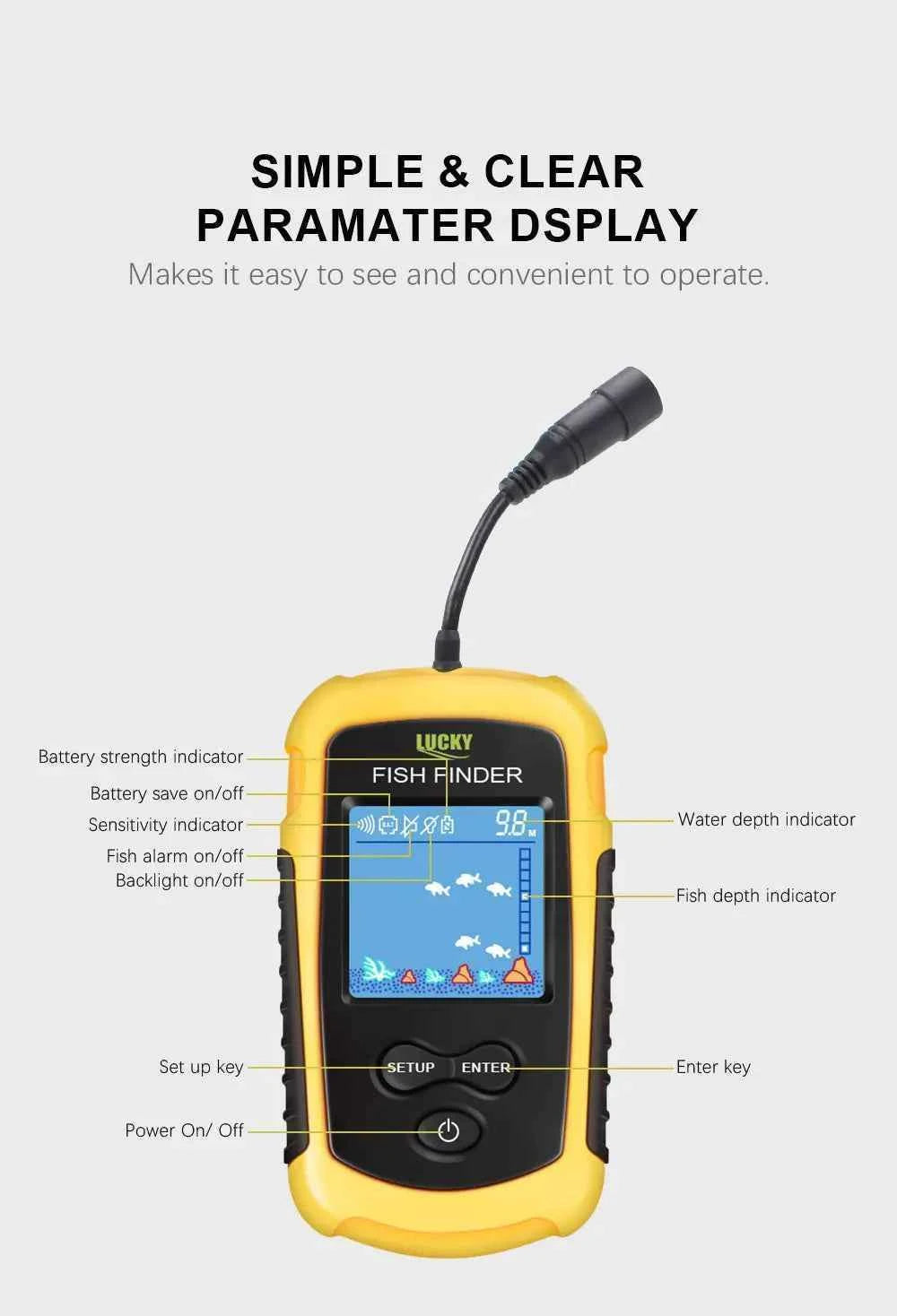 FFC1108-1 Alarm 100M Portable Sonar Fish Finders 45 degrees Sonar Coverage Echo Sounder Alarm Transducer Lake Sea Fishing