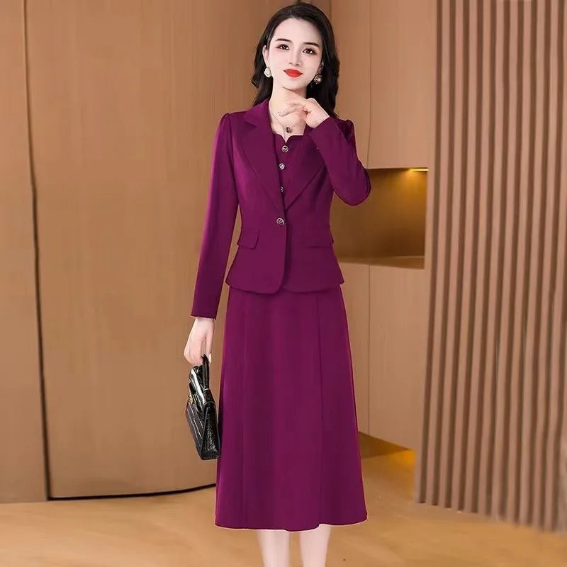 Fashionable Red Two-Piece Set Korean Japanese Style Women's Dress Suit Autumn Spring Lightweight Polyester Commute Style