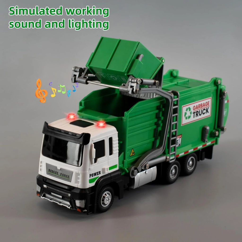 Realistic Garbage Truck Toy Set with Trash Can & STEM Learning Cards | 6+ Years Interactive Pull-Back Vehicle for Boys & Girls,