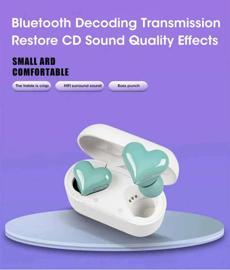 Heart Buds TWS Earbuds for Girls Pink Bluetooth 5.1 20H Playtime with Charging Case Lightweight Gift for Women Gaming Students