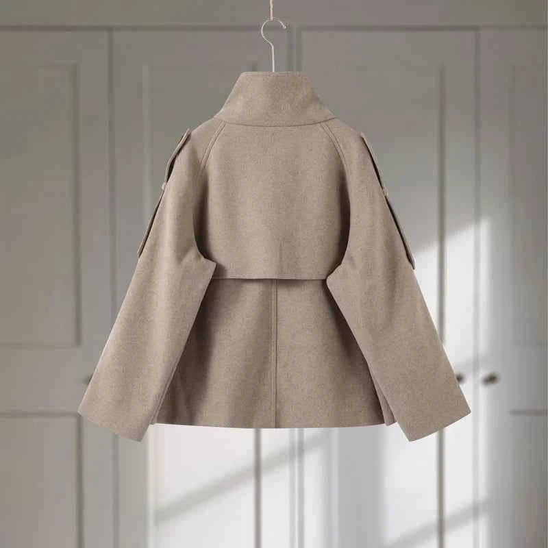 Elegant Women's Short Woolen Coats Stand Collar Double Breasted Long Sleeve Female Jacket 2025 Autumn Winter Lady Warm Outwear