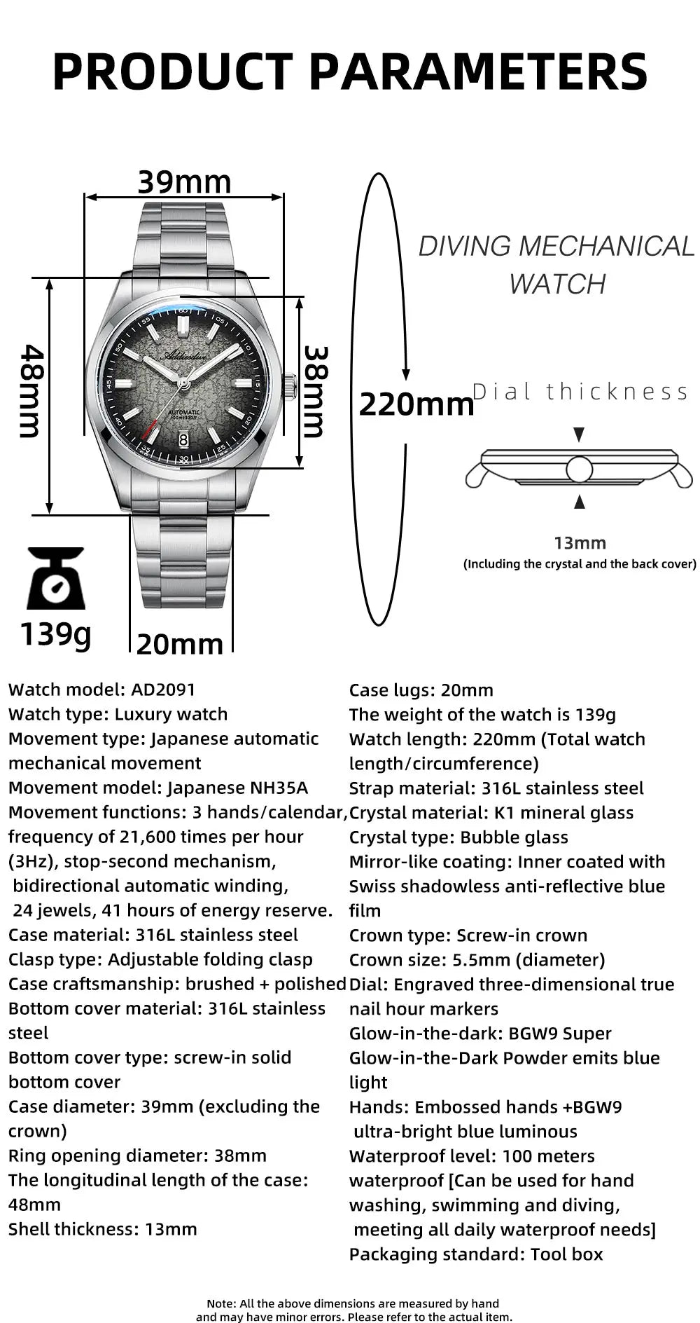 ADDIESDIVE Automatic Watch for Men Dress Mechanical Wristwatch Waterproof 100M Stainless Steel Luxury NH35 Automatic Watches Man