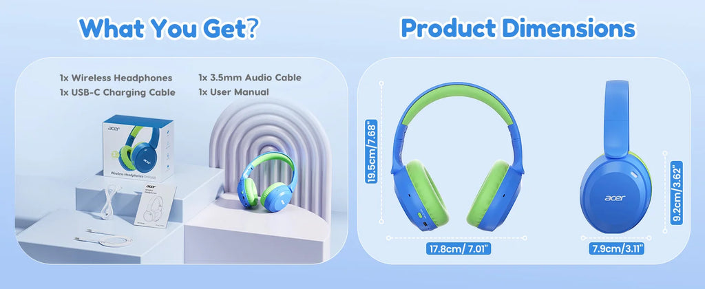 Acer Kids Bluetooth 6.0 Headphones with Built-in Mic 85/94dB Volume Limited Lightweight Over-Ear Wireless Headphones for Kids