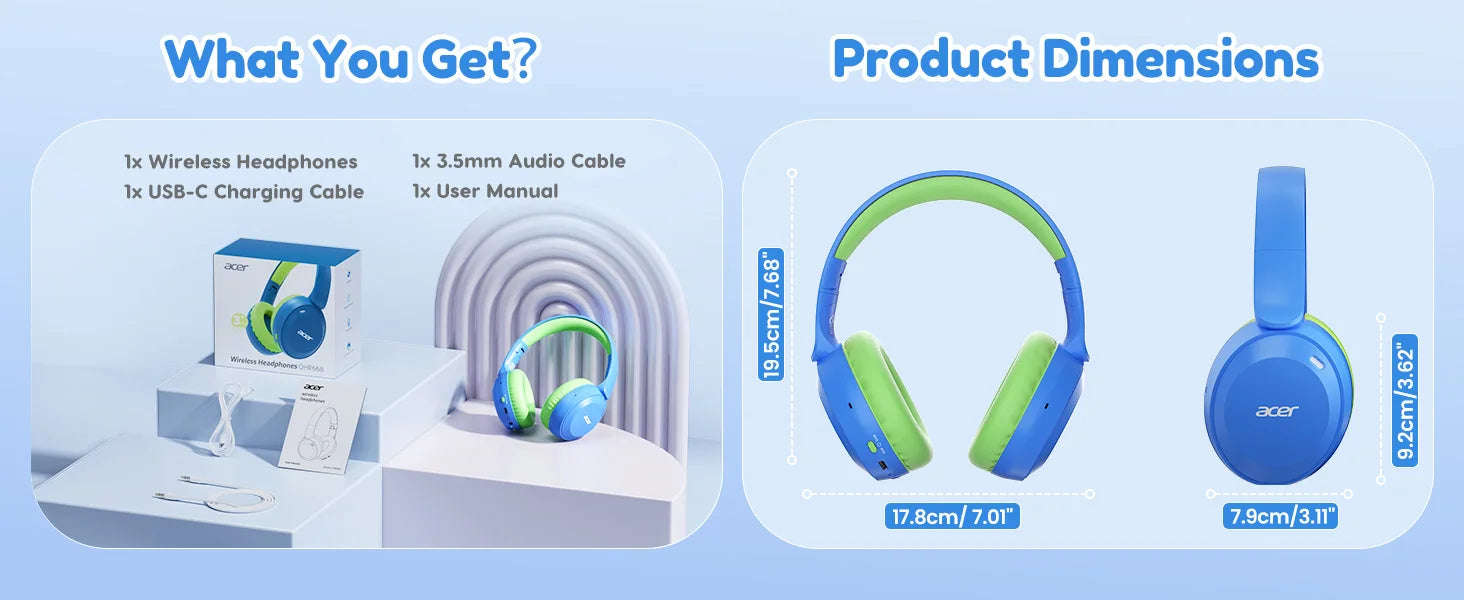 Acer Kids Bluetooth 6.0 Headphones with Built-in Mic 85/94dB Volume Limited Lightweight Over-Ear Wireless Headphones for Kids
