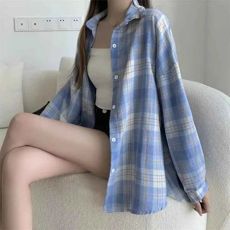 Plaid Shirt Women Fashion Autumn Long Sleeve Top Female Vintage Single Breasted Blouse Ladies Preppy Style Loose Check Shirts