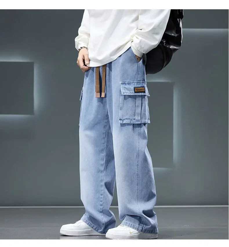 2026 New Wide Leg Washing Jean Pants Men Trousers Neutral Solid Color Loose Casual Fashion Pocket Cargo Pants Big Size 8XL