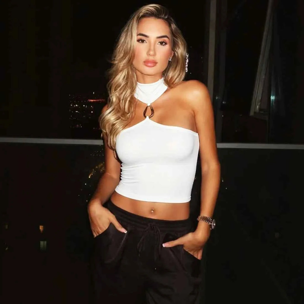 Metal Buckle Decoration Tank Tops Women Turtleneck Off Shoulder Skinny Stretch Street Fashion Wild Style Solid Outfits