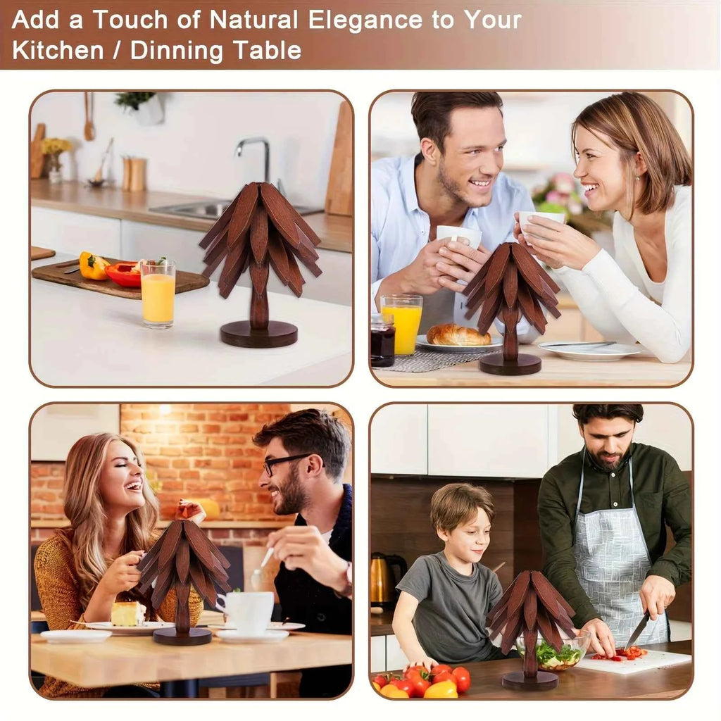 Tree Shape Wooden Trivet Set 4 Trivets + 1 Stand for Hot Dishes Natural Foldable Kitchen Trivet for Pot Bowl Teapot Hot Pot Hold