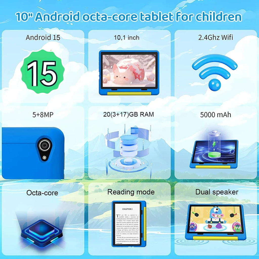 Kid Tablet Android 15 Tablet for Kids 10 inch 20GB+64GB 8-Core with Case 1TB TF Expandable for Toddler Children Parental Control