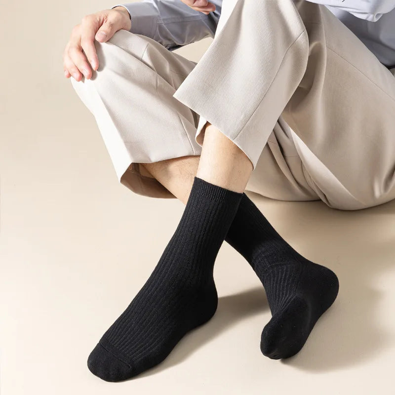 5 Pairs Socks Men's Mid-tube Sweat Absorption Business Sports Black Solid Color Stockings Autumn Winter Double Needle Breathable