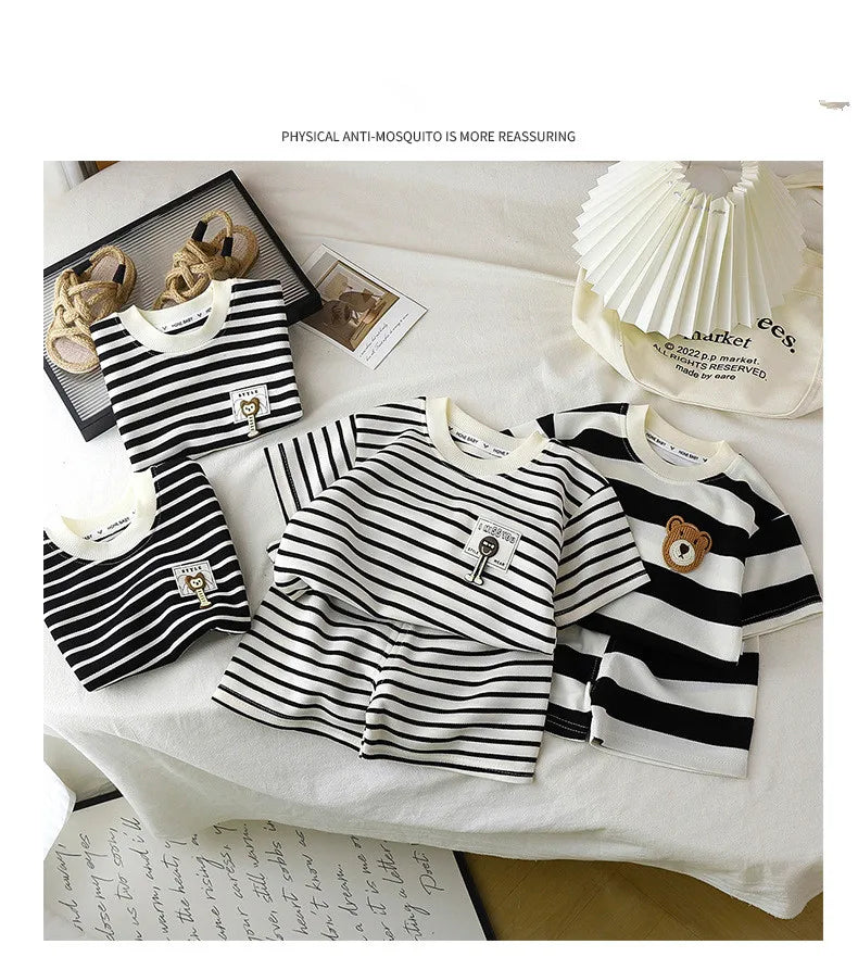 Children's Suit 2PCS Set New Summer Short Sleeve +Shorts Striped Boy Girl Child T-shirt Baby Clothes Children's Clothing